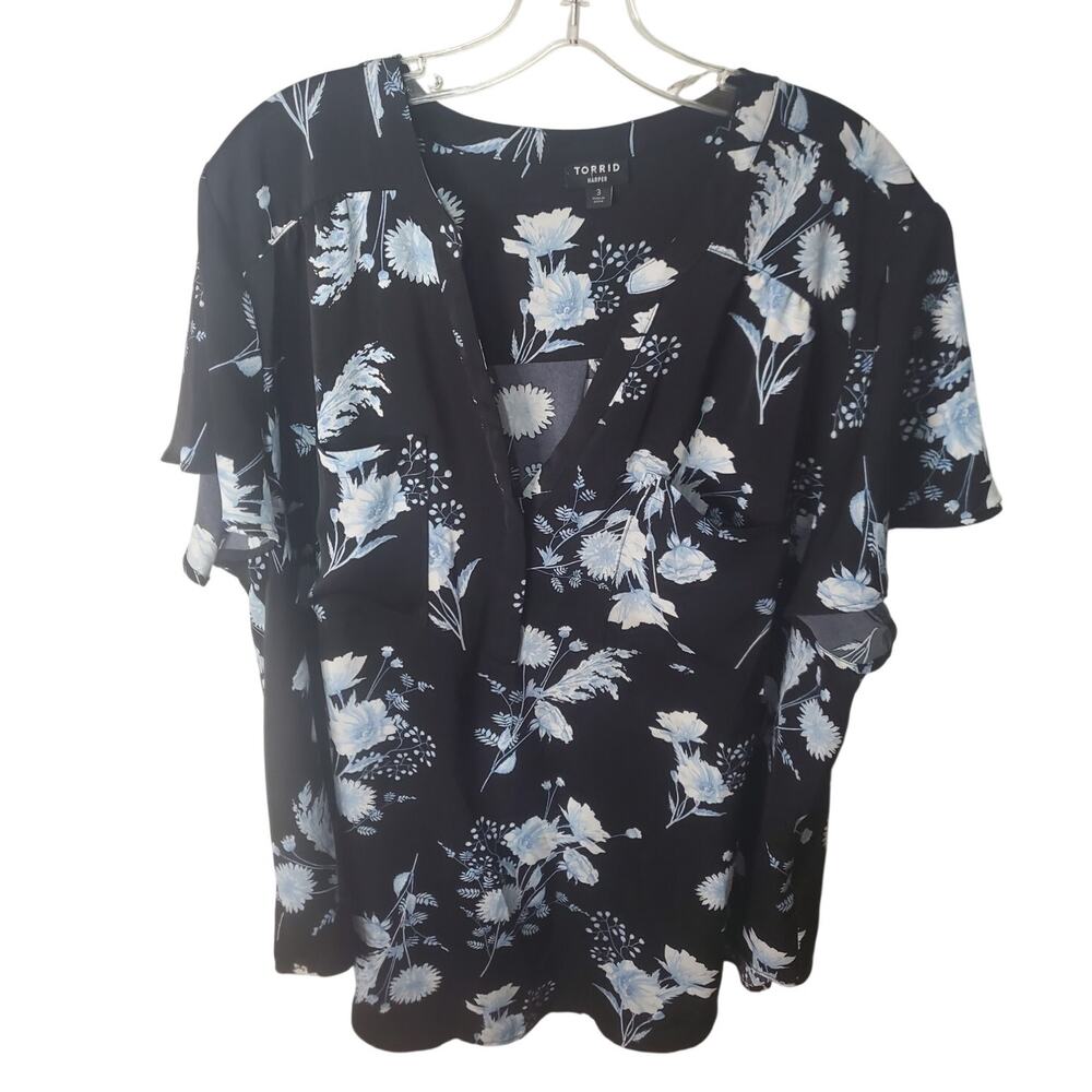 Torrid Harper Short Sleeve Notch Neck Blue Floral Blouse, 3X